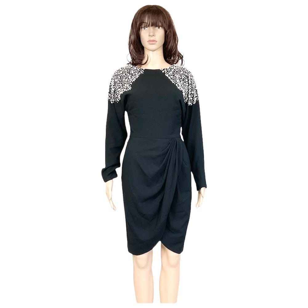 Lillie Rubin Vintage Black with pearls decor ruched cocktail midi dress 4
